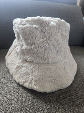 Marciano Plush Faux Fur Bucket Hat in Light Beige